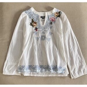 AZIZA White Boho Floral Embroidered Blouse Vintage Cottagecore Hippie Top XL